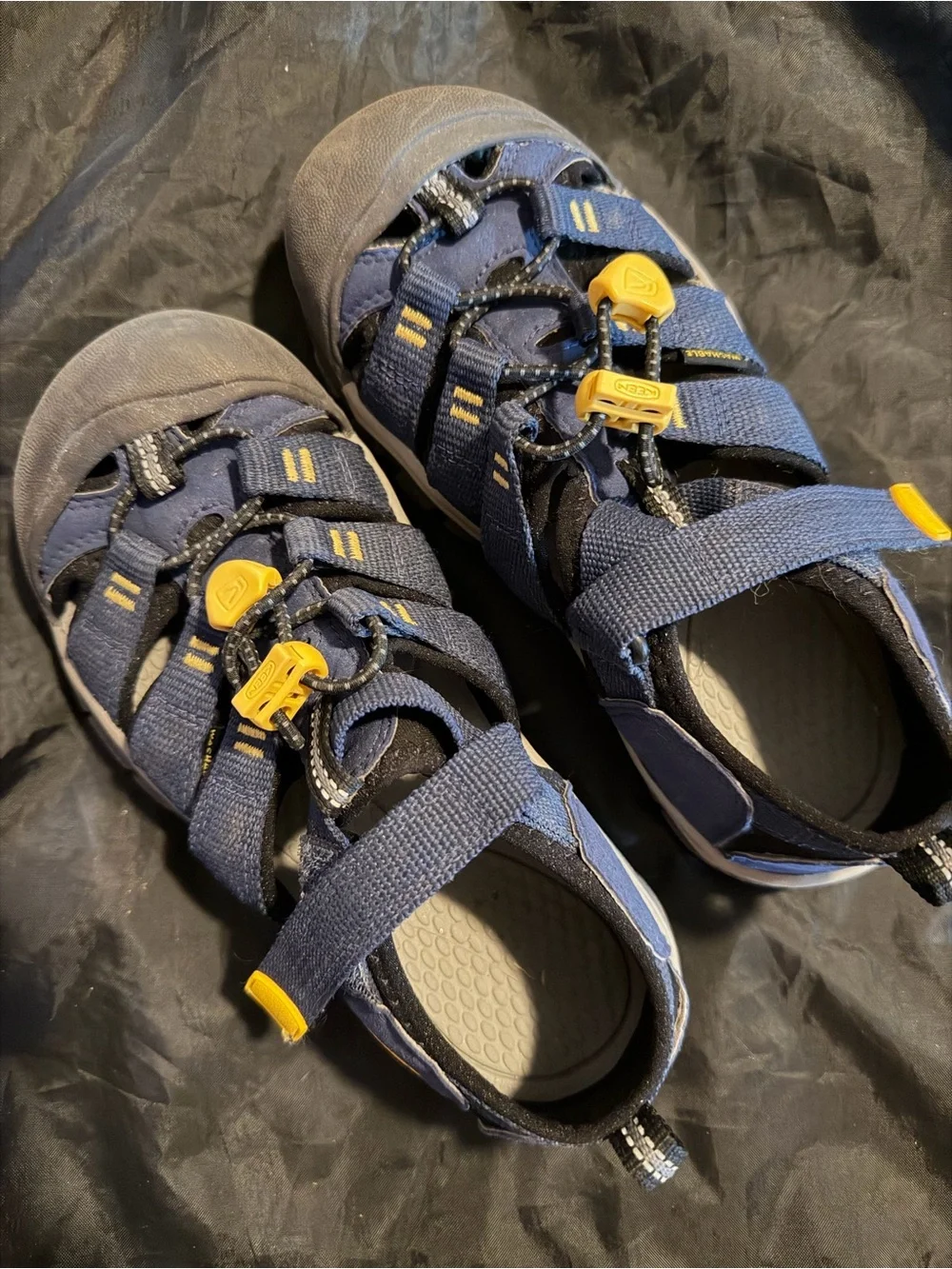 Kids Navy Blue Keen Outdoor Sandals with Yellow Accent